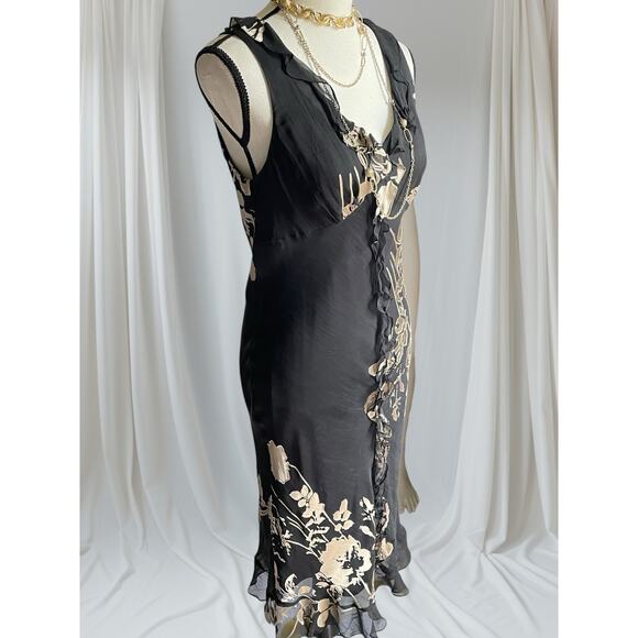 Sue Wong Womens Silk BurnedOut Midi Slip Black Tan dress 90s Y2K Vintage 12 L 10 - Picture 6 of 15